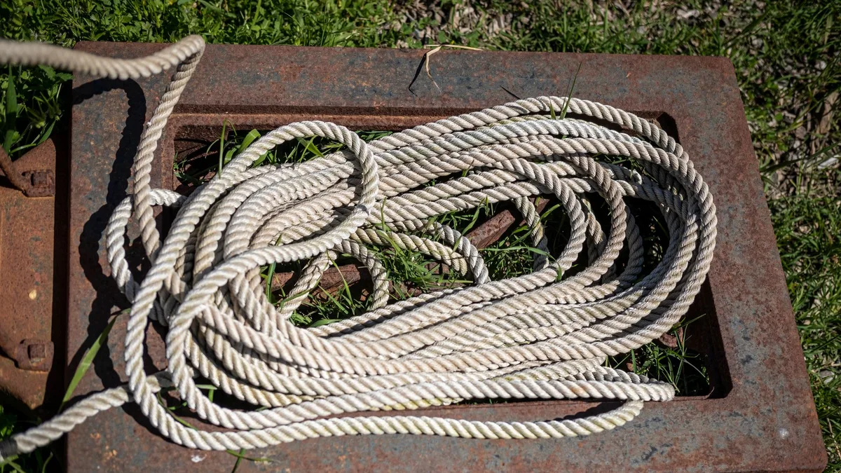 Close-up of coiled rope on a rusted metal frame with green grass background. Perfect for industrial themes.