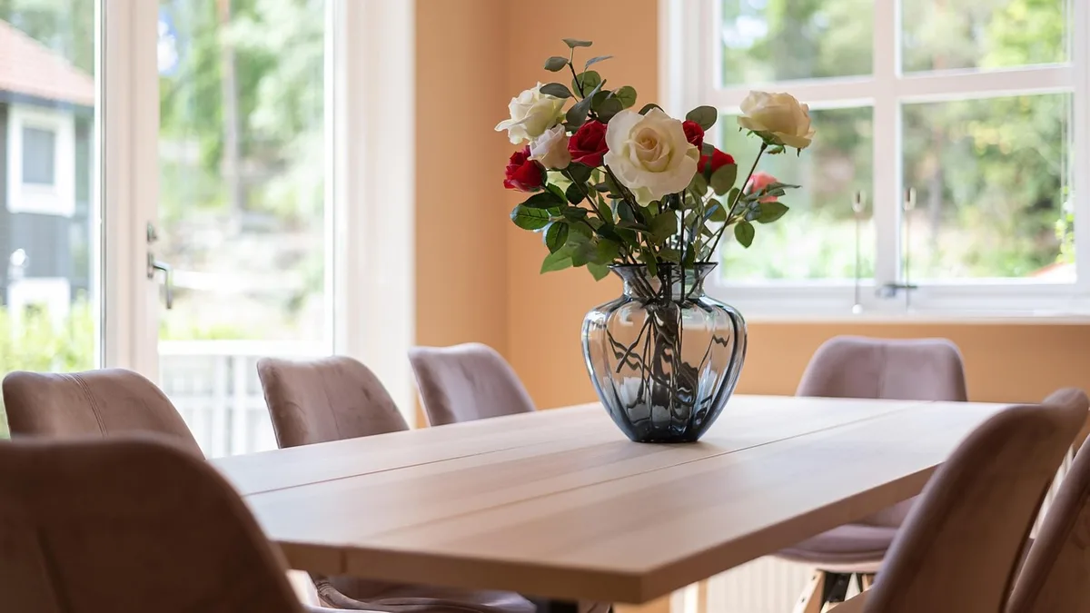 dining room, table, flowers, vase, flower wallpaper, interior, real estate, house, luxury, beautiful flowers, wooden, chairs, decor, flower background, windows, art, nature, lamp
