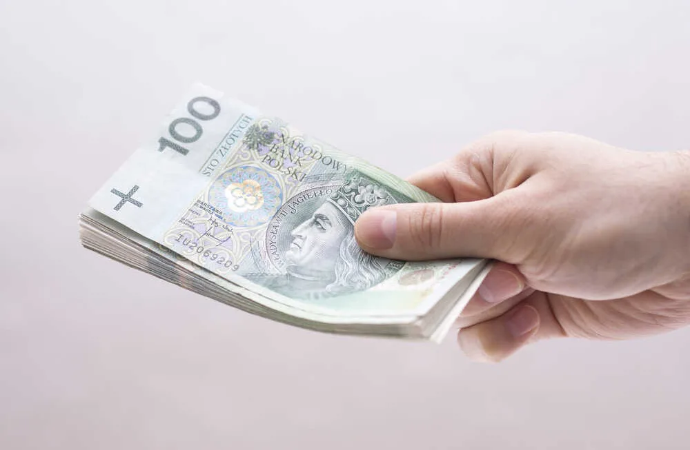 mężczyzna trzyma polskie pieniądze w banknotach w prawej ręce